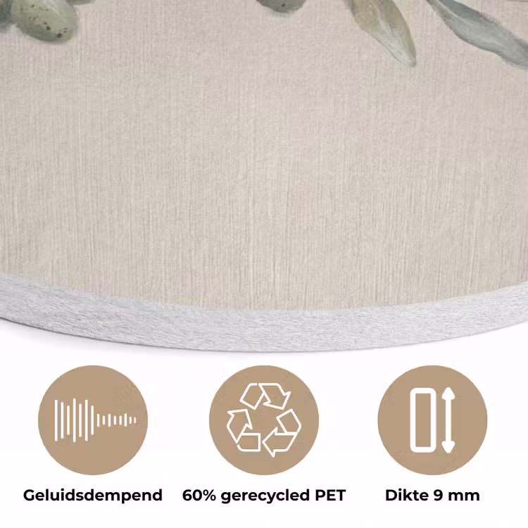 Olijftak - Bladeren - Natuur - Groen - Beige Akoestische PET Vilt - Rond klein -closeup_NL
