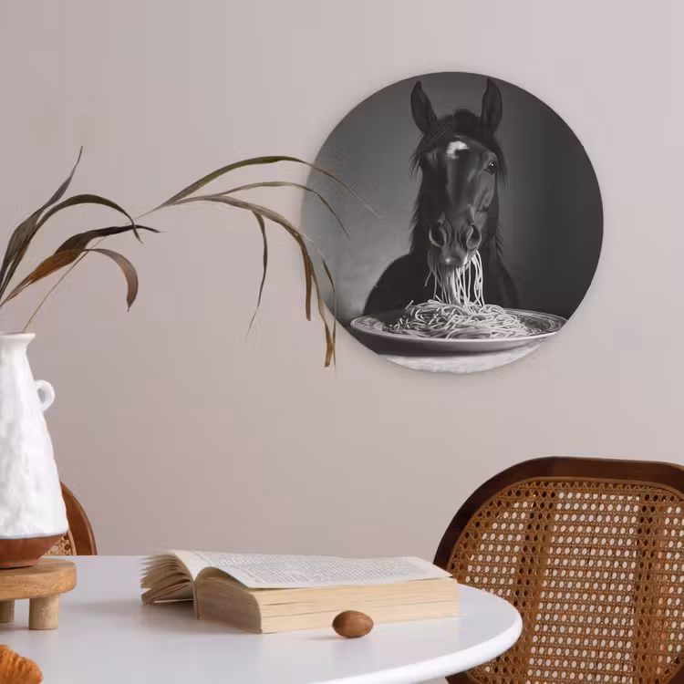 Paard - Bord - Pasta - Tafelkleed - Zwart Wit - Dieren Akoestische PET Vilt - Rond klein -sfeer3