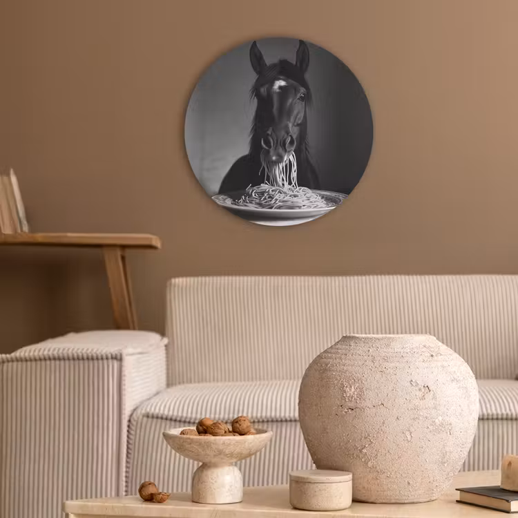 Paard - Bord - Pasta - Tafelkleed - Zwart Wit - Dieren Akoestische PET Vilt - Rond klein -sfeer1