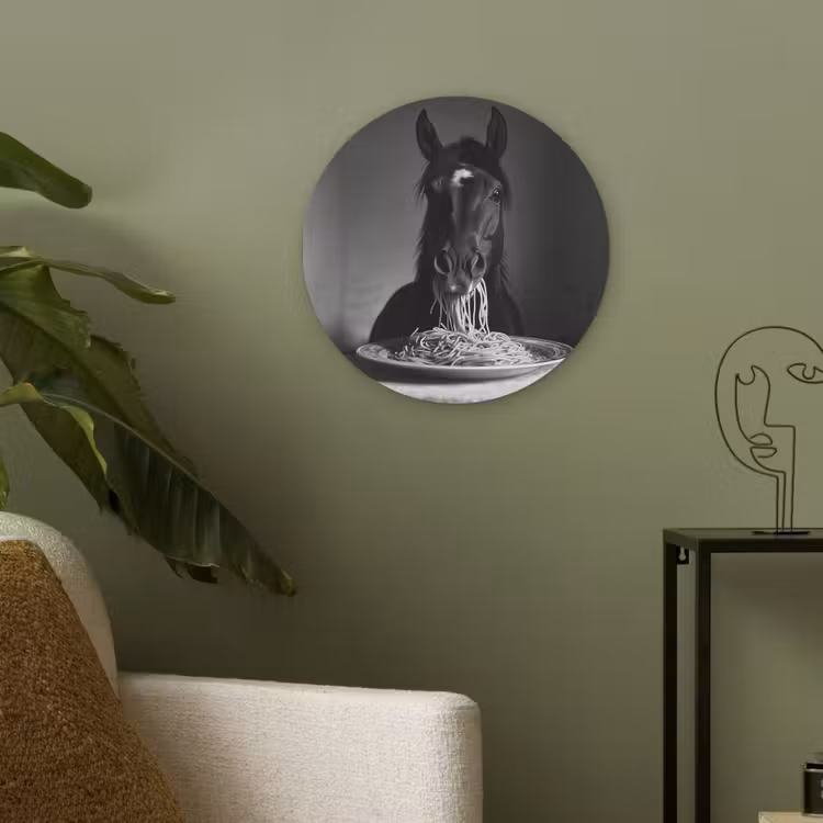 Paard - Bord - Pasta - Tafelkleed - Zwart Wit - Dieren Akoestische PET Vilt - Rond klein -sfeer2