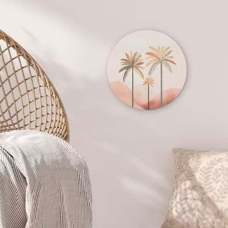 Palmbomen - Heuvels - Minimalistisch - Zachtroze Akoestische PET Vilt - Rond klein -sfeer4