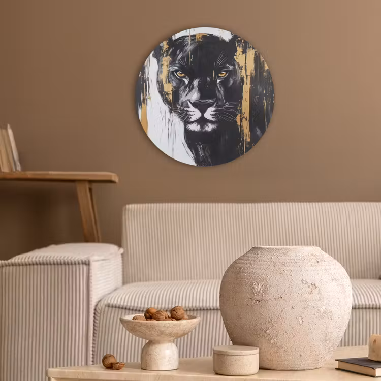 Panter - Zwart - Abstract - Verfstreken Akoestische PET Vilt - Rond klein -sfeer1