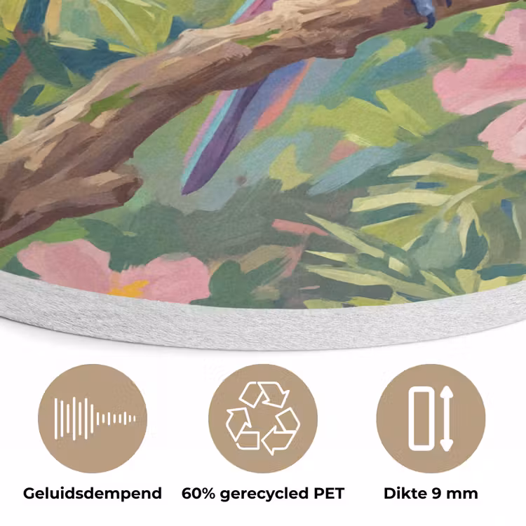 Papagaai - Hibiscusbloemen - Kleurrijk Akoestische PET Vilt - Rond klein -closeup_NL