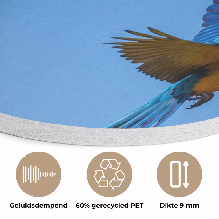 Papagaai - Vliegen - Blauw - Geel Akoestische PET Vilt - Rond klein -closeup_NL