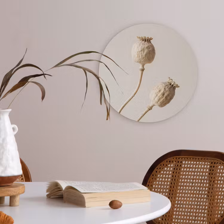 Papaverbollen - Droogbloemen - Minimalistisch - Beige - Rustig Akoestische PET Vilt - Rond klein -sfeer3