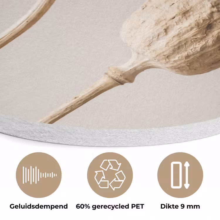 Papaverbollen - Droogbloemen - Minimalistisch - Beige - Rustig Akoestische PET Vilt - Rond klein -closeup_NL