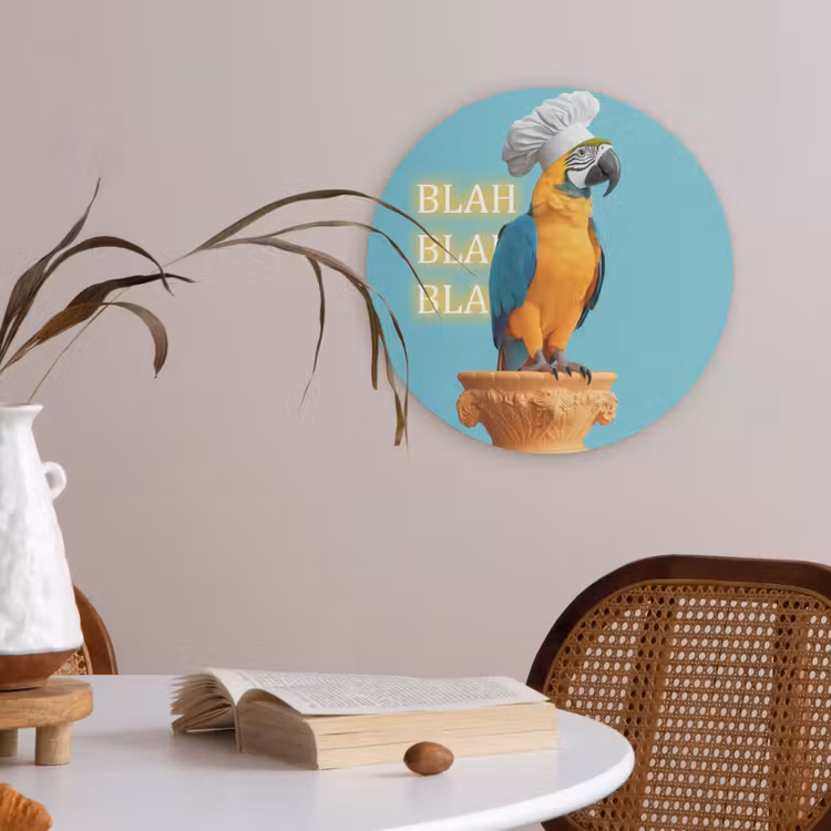 Papegaai - Koksmuts - Quote - Neon Akoestische PET Vilt - Rond klein -sfeer3
