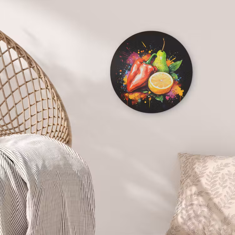 Paprika - Peer - Citroen - Graffiti - Verf - Abstract Akoestische PET Vilt - Rond klein -sfeer4