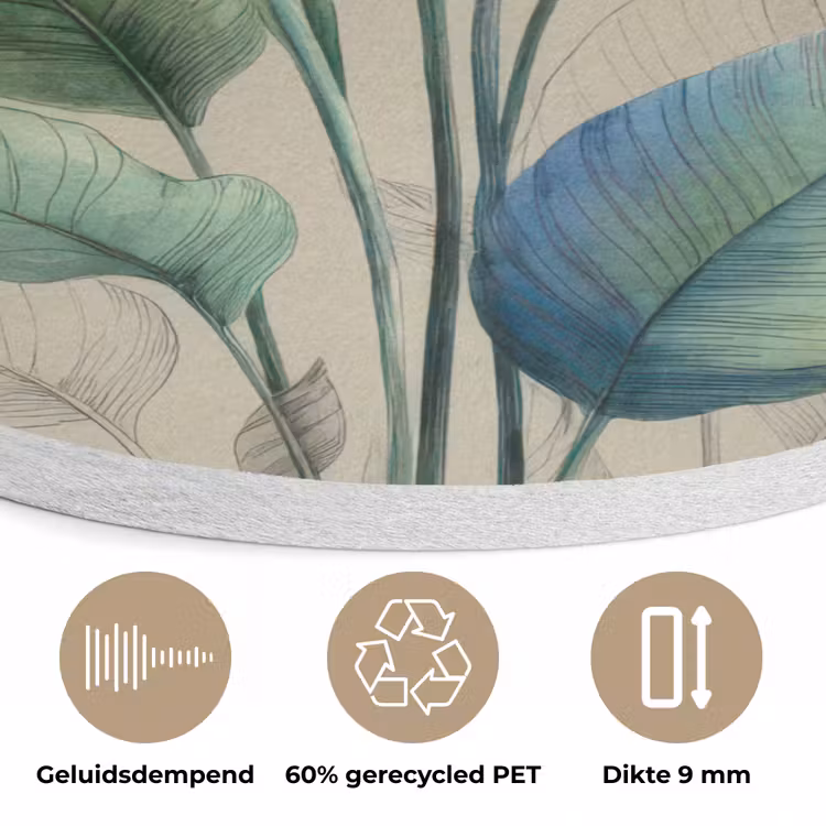 Paradijsvogelbloemen - Blauwgroene bladeren - Beige Akoestische PET Vilt - Rond klein -closeup_NL