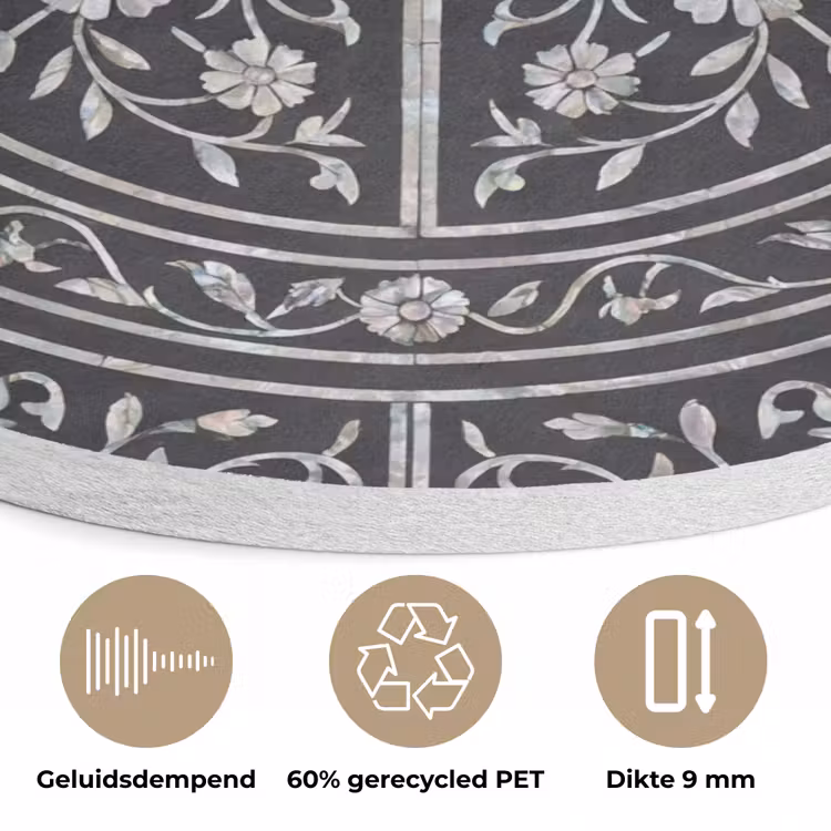 Patroon - Bloemmotief - Decoratie - Klassiek - Zwart Akoestische PET Vilt - Rond klein -closeup_NL
