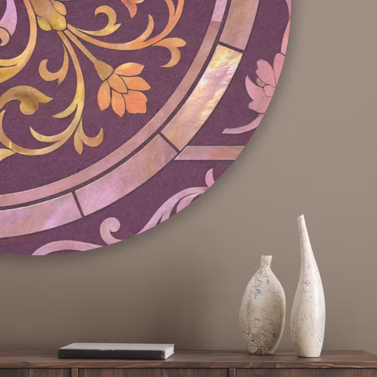 Patroon - Floraal - Oosters - Paars - Goud Akoestische PET Vilt - Rond klein -sfeer5_closeup