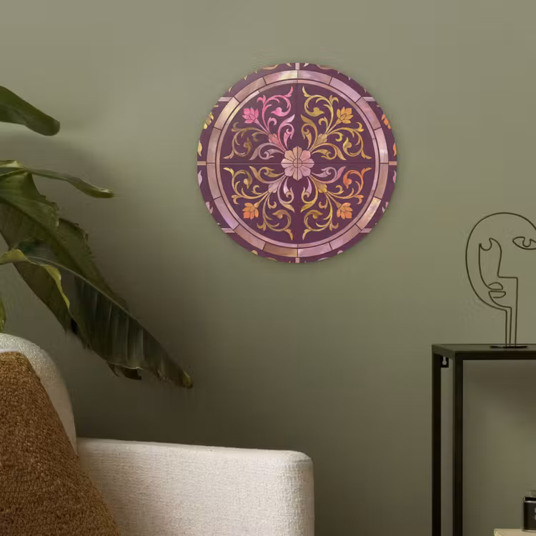 Patroon - Floraal - Oosters - Paars - Goud Akoestische PET Vilt - Rond klein -sfeer2