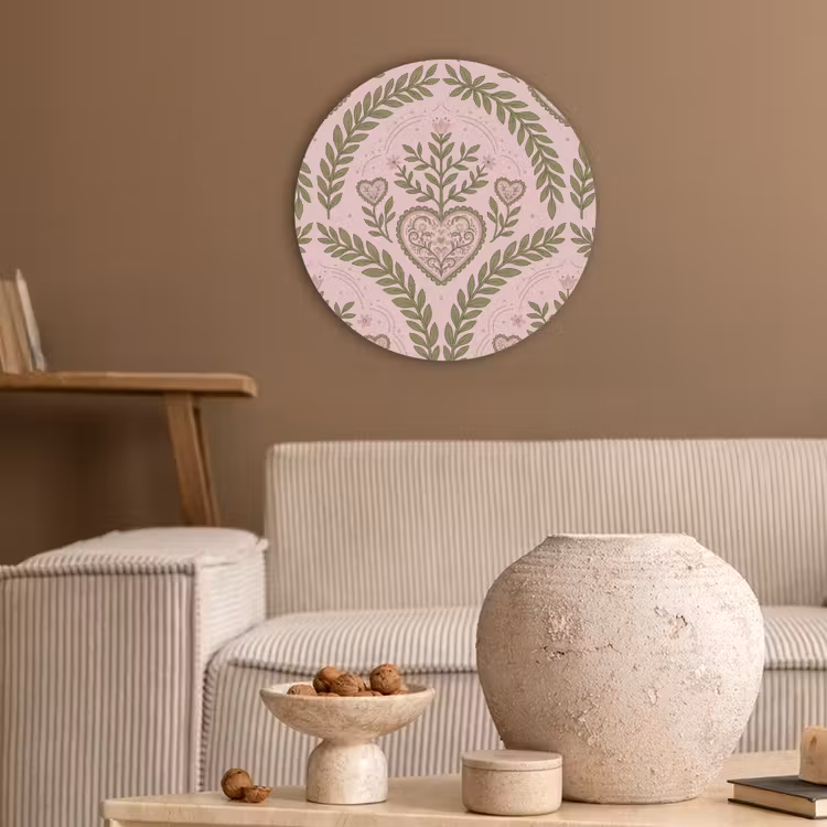 Patroon - Hart - Bloemen - Folkloristisch - Roze Akoestische PET Vilt - Rond klein -sfeer1