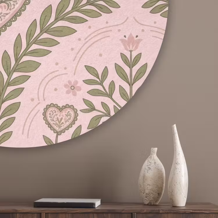 Patroon - Hart - Bloemen - Folkloristisch - Roze Akoestische PET Vilt - Rond klein -sfeer5_closeup