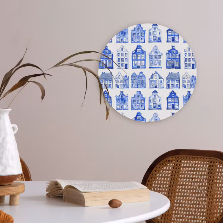 Patroon - Huizen - Blauw Akoestische PET Vilt - Rond klein 838 -sfeer3