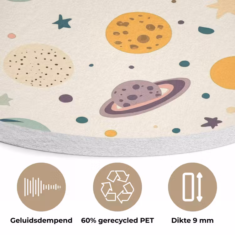Planeten - Retro - Kleurrijk Akoestische PET Vilt - Rond klein 838 -closeup_NL