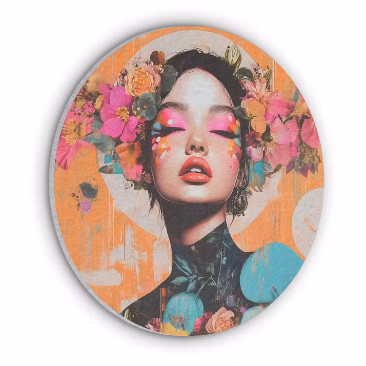 Portret - Vrouw - Abstract - Bloemen Akoestische PET Vilt - Rond klein -3d