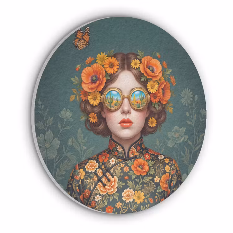 Portret - Vrouw - Kleurrijk - Expressief Akoestische PET Vilt - Rond klein -3d