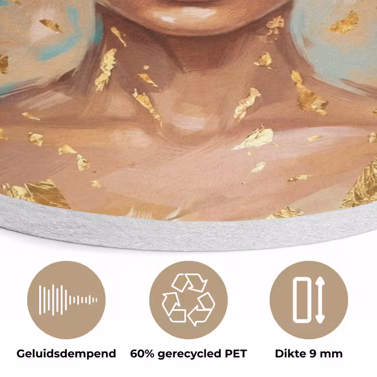 Portret - Vrouw - Schilderij - Blauw - Goud - Expressief Akoestische PET Vilt - Rond klein -closeup_NL