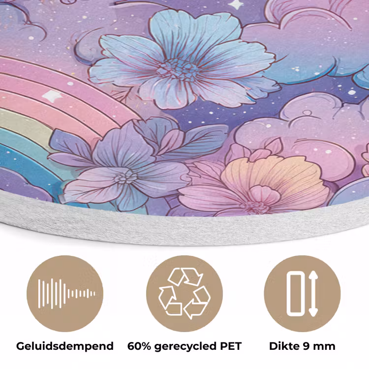 Regenbogen - Bloemen - Kleurrijk - Wolken Akoestische PET Vilt - Rond klein -closeup_NL