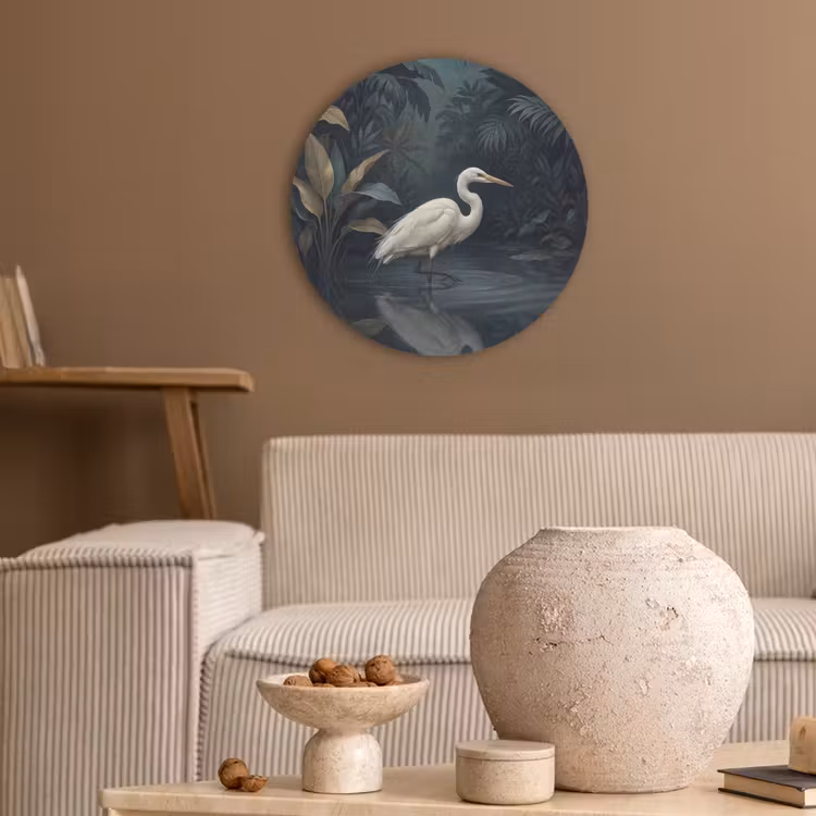 Reiger - Water - Natuur - Modern - Wit Akoestische PET Vilt - Rond klein -sfeer1