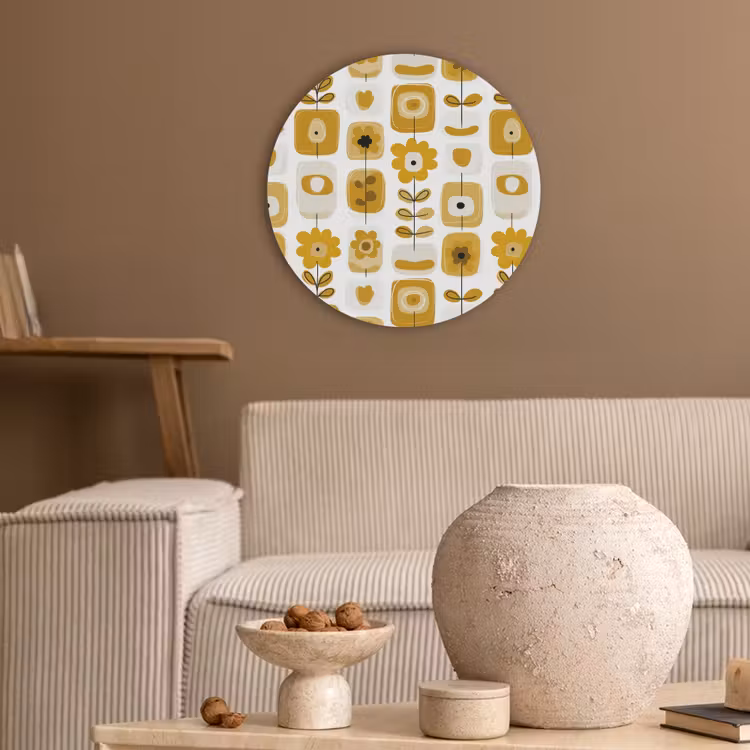Retro - Abstract - Bloemen - Okergeel Akoestische PET Vilt - Rond klein 838 -sfeer1