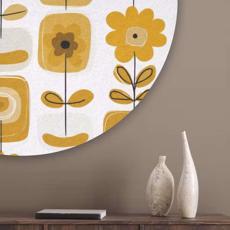 Retro - Abstract - Bloemen - Okergeel Akoestische PET Vilt - Rond klein 838 -sfeer5_closeup