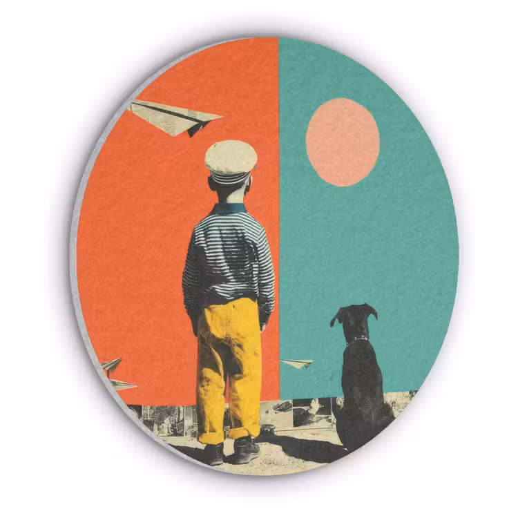 Retro - Jongen - Hond - Rood - Groen Akoestische PET Vilt - Rond klein -3d
