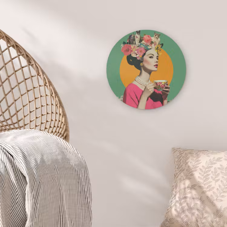 Retro - Vrouw - Stad - Zon Akoestische PET Vilt - Rond klein -sfeer4