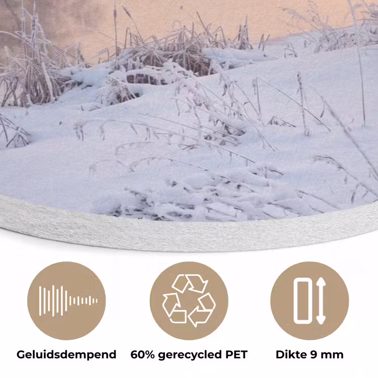 Rivier - Winter - Landschap - Sneeuw - Zonsopgang Akoestische PET Vilt - Rond klein -closeup_NL