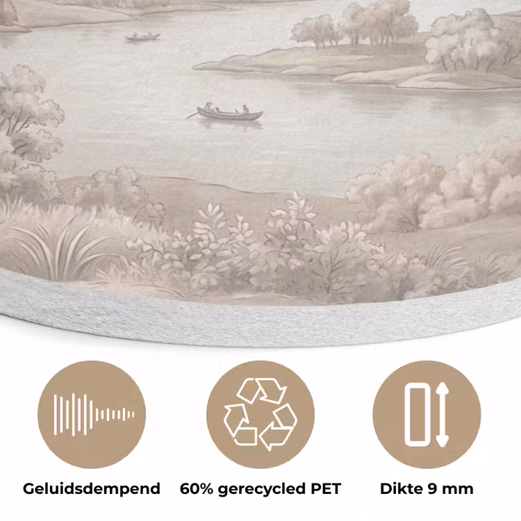 Rivierlandschap - Bergen - Natuur - Vintage - Beige Akoestische PET Vilt - Rond klein -closeup_NL