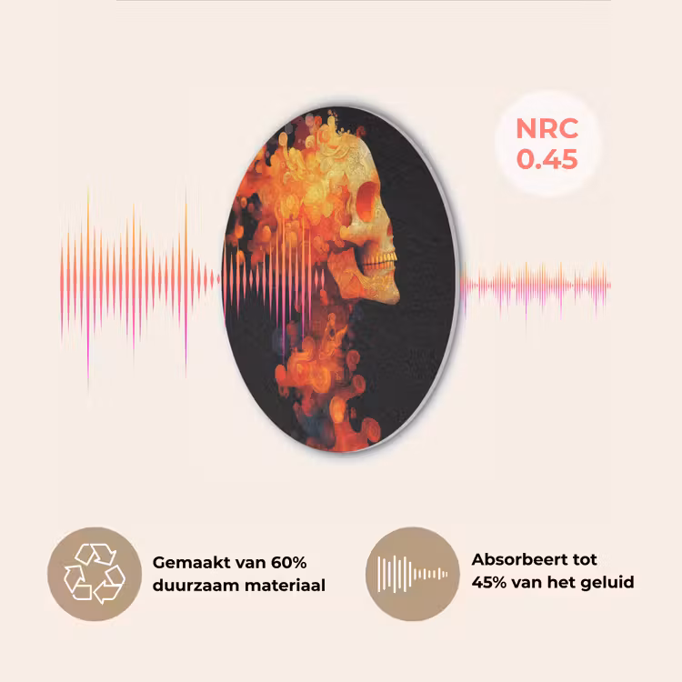 Schedel - Oranje - Zijaanzicht - Vlammen Akoestische PET Vilt - Rond klein -USP_NL