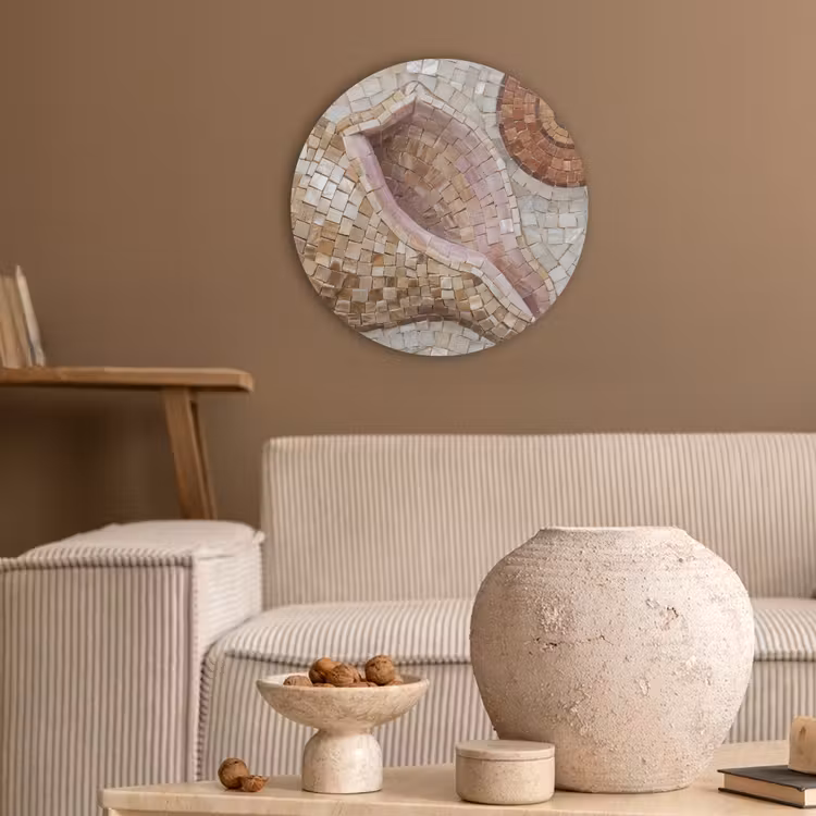 Schelp - Mozaïek - Zee - Beige - Modern Akoestische PET Vilt - Rond klein -sfeer1
