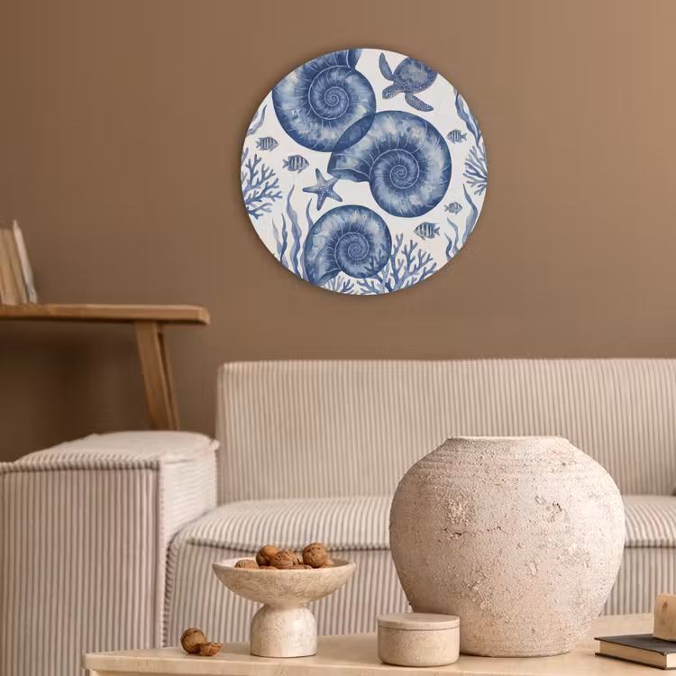 Schelp - Spiraal - Zeeleven - Aquarel - Blauw Akoestische PET Vilt - Rond klein -sfeer1
