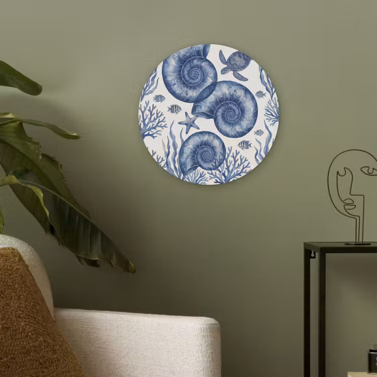 Schelp - Spiraal - Zeeleven - Aquarel - Blauw Akoestische PET Vilt - Rond klein -sfeer2