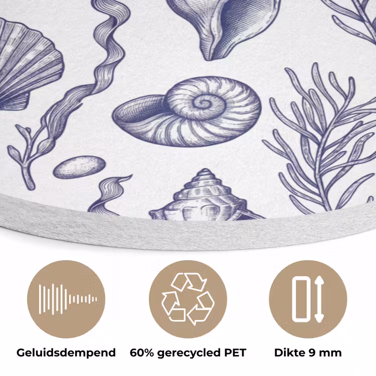 Schelpen - Zeewier - Oceaan - Illustratie - Blauw Akoestische PET Vilt - Rond klein -closeup_NL