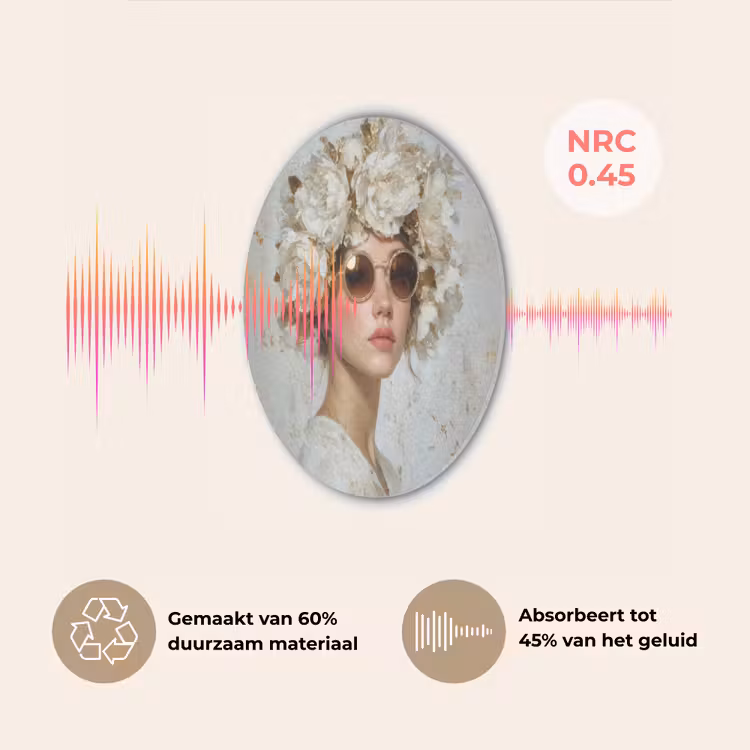Schilderij - Vrouw - Zonnebril - Bloemenkrans Akoestische PET Vilt - Rond klein -USP_NL