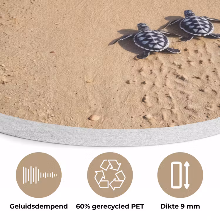 Schildpad - Jong - Strand - Oceaan - Blauw Akoestische PET Vilt - Rond klein -closeup_NL