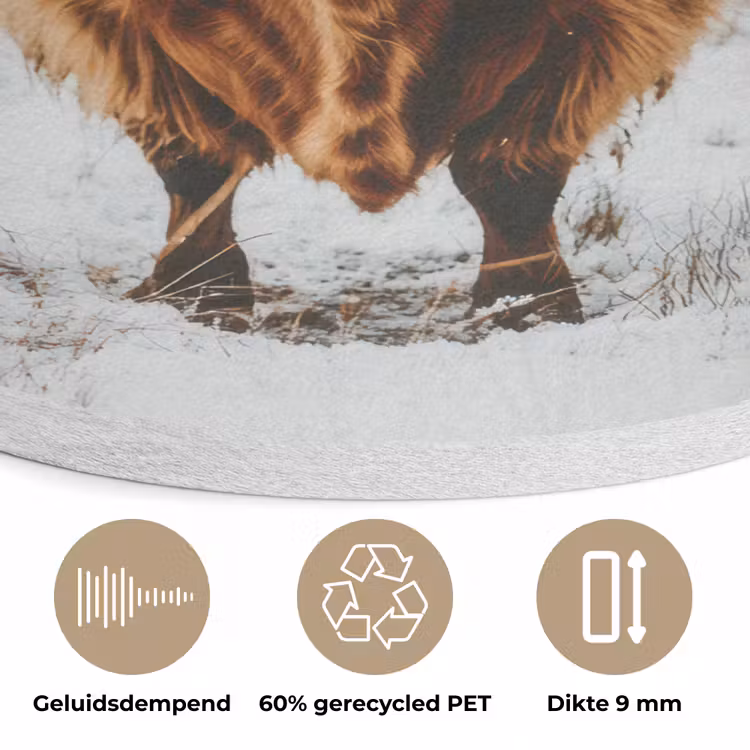 Schotse Hooglander - Landschap - Sneeuw - Bergen - Winter Akoestische PET Vilt - Rond klein -closeup_NL