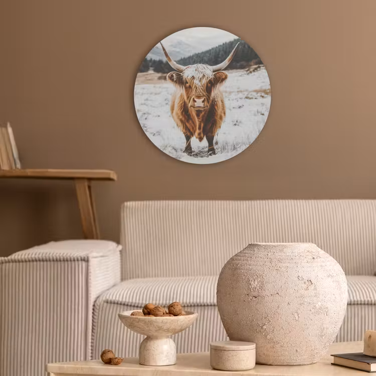 Schotse Hooglander - Landschap - Sneeuw - Bergen - Winter Akoestische PET Vilt - Rond klein -sfeer1