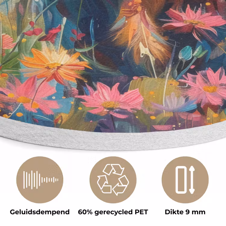 Schotse hooglander - Natuur - Kleurrijk - Bloemen Akoestische PET Vilt - Rond klein -closeup_NL