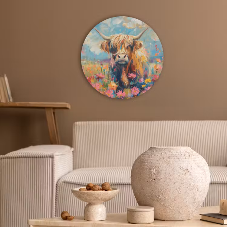 Schotse hooglander - Natuur - Kleurrijk - Bloemen Akoestische PET Vilt - Rond klein -sfeer1