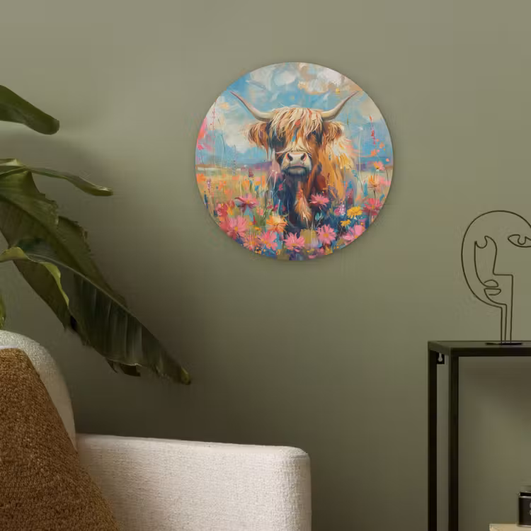 Schotse hooglander - Natuur - Kleurrijk - Bloemen Akoestische PET Vilt - Rond klein -sfeer2