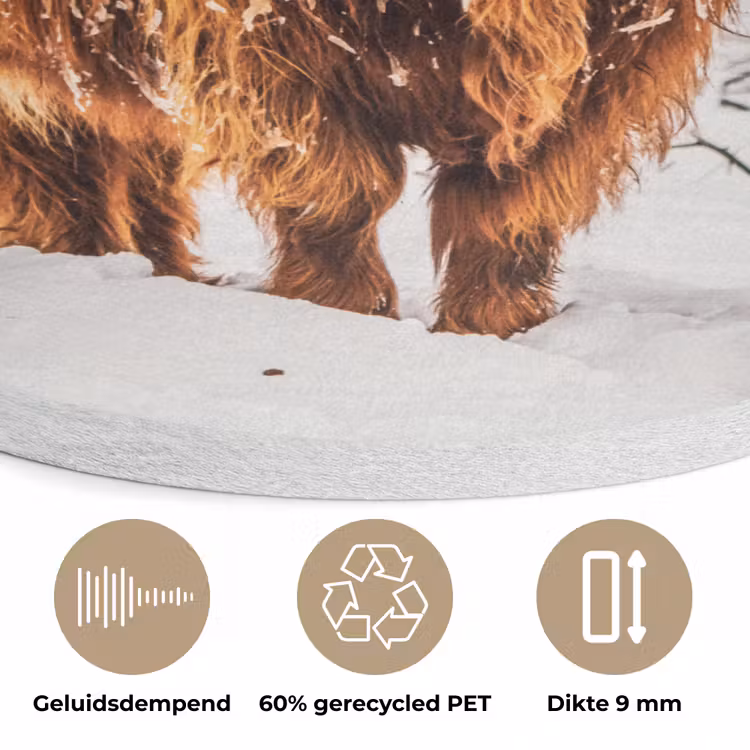 Schotse Hooglander - Sneeuw - Winter - Natuur - Dieren Akoestische PET Vilt - Rond klein -closeup_NL