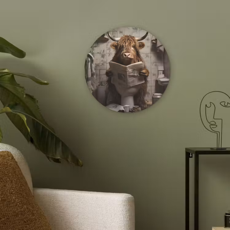 Schotse hooglander - Toilet - Krant - Badkamer Akoestische PET Vilt - Rond klein -sfeer2