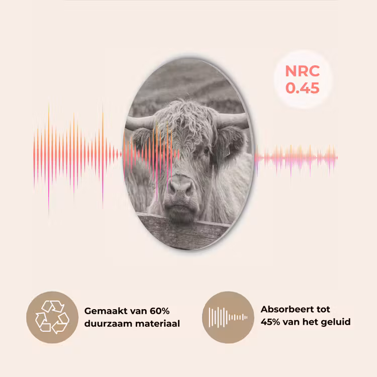 Schotse hooglander - Zwart - Wit - Hout Akoestische PET Vilt - Rond klein -USP_NL
