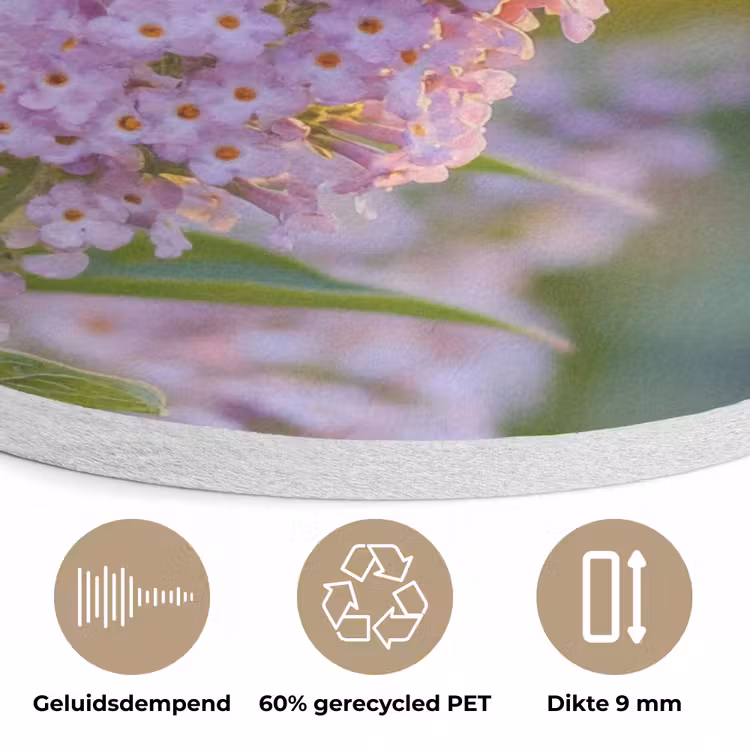 Sierlijke - Vlinder - Paarse - Bloemen Akoestische PET Vilt - Rond klein -closeup_NL