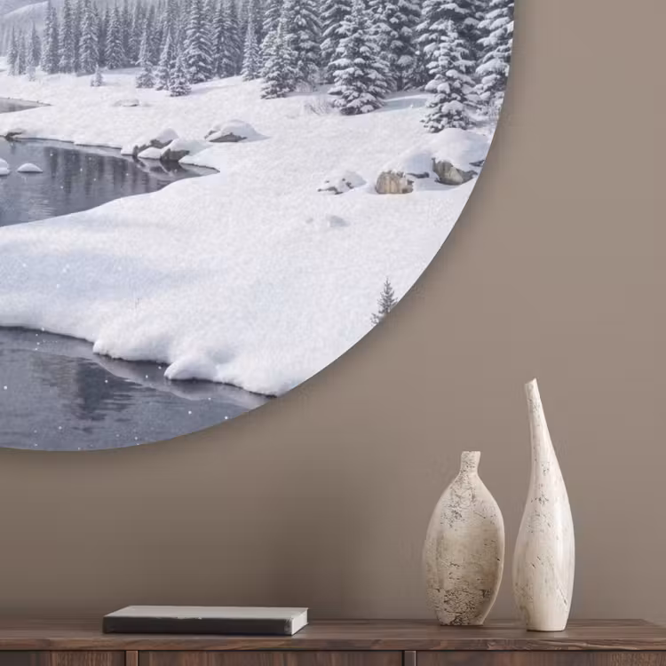 Sneeuwlandschap - Bergen - Rivier - Winter Akoestische PET Vilt - Rond klein -sfeer5_closeup
