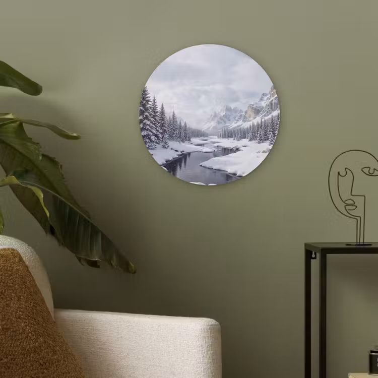 Sneeuwlandschap - Bergen - Rivier - Winter Akoestische PET Vilt - Rond klein -sfeer2