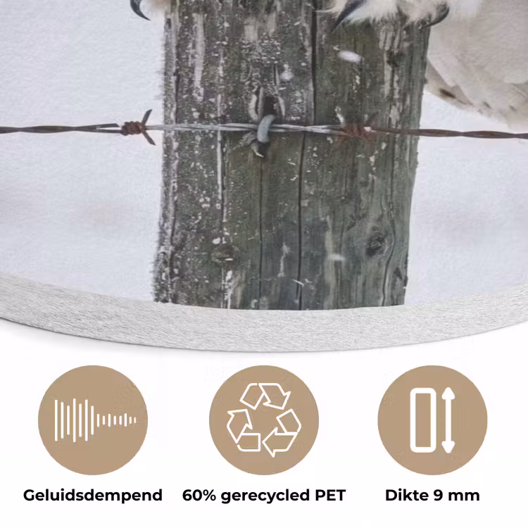 Sneeuwuil - Hek - Sneeuw - Wit Akoestische PET Vilt - Rond klein -closeup_NL